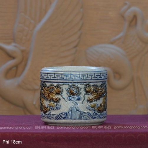Bát Hương Men Rạn 18cm Đắp Nổi Song Long Chầu Nguyệt