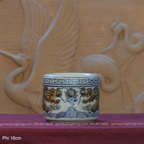 Bát Hương Men Rạn 16cm Đắp Nổi Song Long Chầu Nguyệt