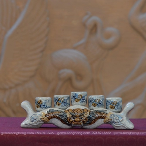 Kỷ Ngai Rồng 5 Chén Men Rạn Đắp Nổi