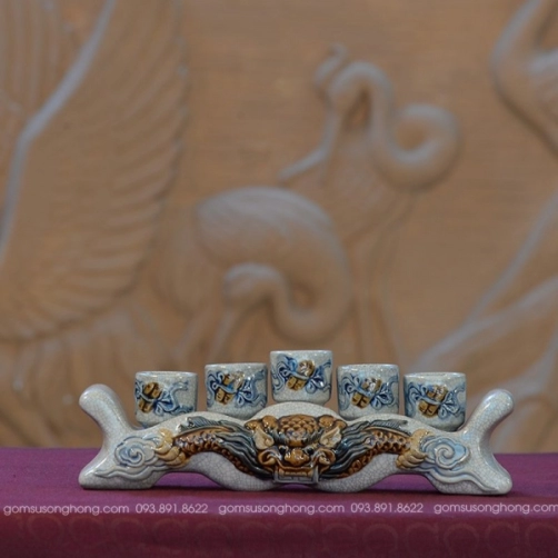 Kỷ Ngai Rồng 5 Chén Men Rạn Đắp Nổi