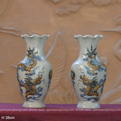 Lọ Miệng Lượn H38cm Men Rạn Đắp Nổi Song Long Chầu Nguyệt