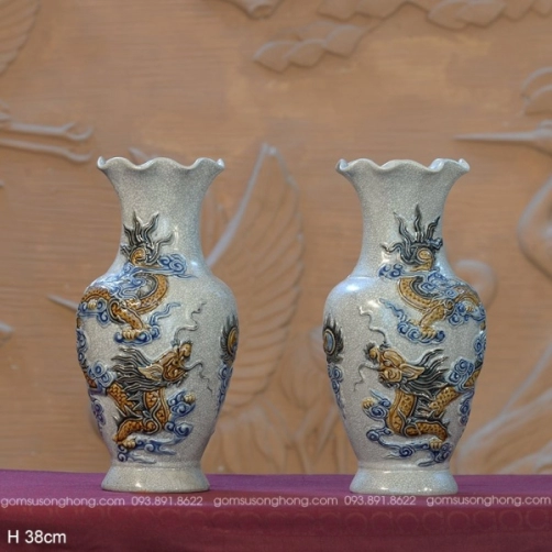 Lọ Miệng Lượn H38cm Men Rạn Đắp Nổi Song Long Chầu Nguyệt