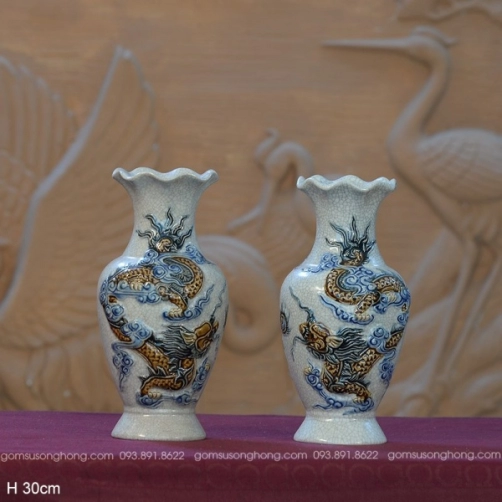Lọ Miệng Lượn H30cm Men Rạn Đắp Nổi Song Long Chầu Nguyệt