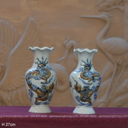 Lọ Miệng Lượn H27cm Men Rạn Đắp Nổi Song Long Chầu Nguyệt