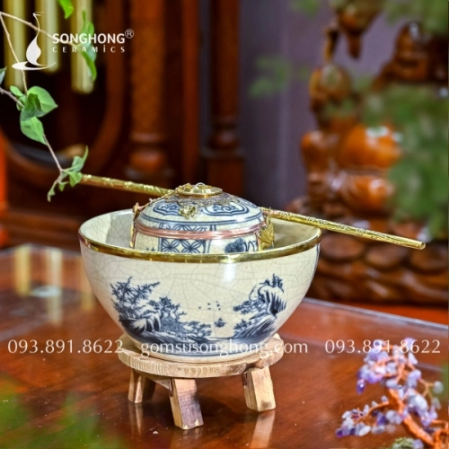 Bộ Điếu Bát Men Rạn Bọc Đồng - M02