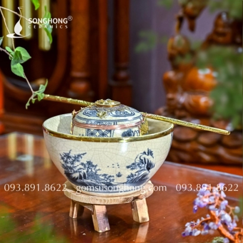 Bộ Điếu Bát Men Rạn Bọc Đồng - M02