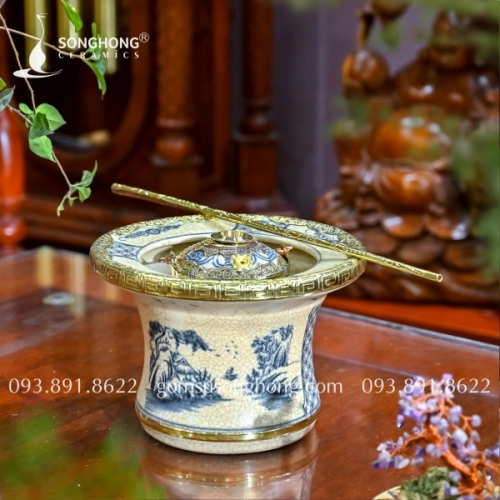 Bộ Điếu Bát Men Rạn Bọc Đồng - M04