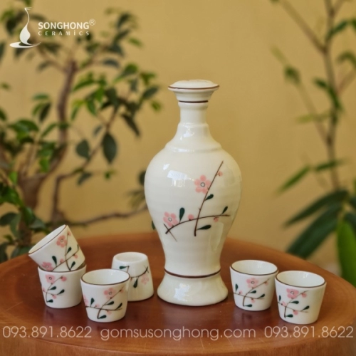 Bộ Bình Rượu Sứ Vẽ Đào Hồng 500ml