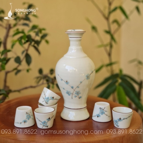 Bộ Bình Rượu Sứ Vẽ Đào Xanh 500ml