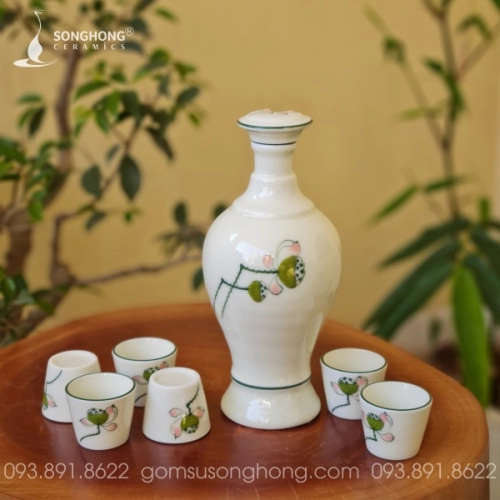 Bộ Bình Rượu Sứ Vẽ Hoa Sen 500ml