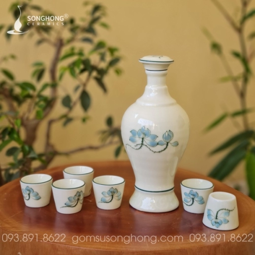 Bộ Bình Rượu Sứ Vẽ Sen Xanh 500ml