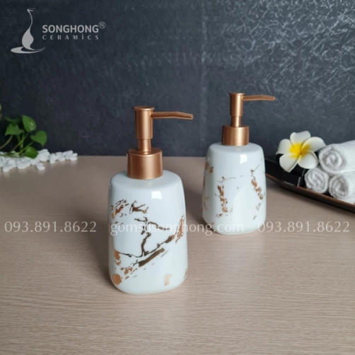 Bình Sứ Trắng Đựng Dung Dịch Có Vòi Nhấn 350ml - M16 Vân Vàng Kim