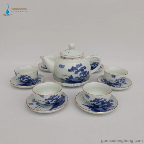 Bộ Trà (Ấm Chén) Vẽ Tay Truyền Thống - Chỉ Vàng Kim - Mẫu 3