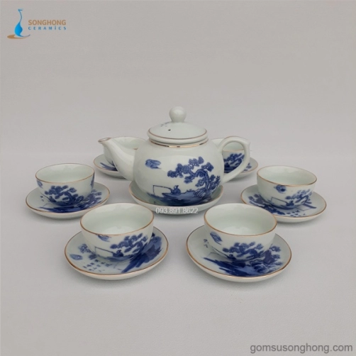 Bộ Trà (Ấm Chén) Vẽ Tay Truyền Thống - Chỉ Vàng Kim - Mẫu 3
