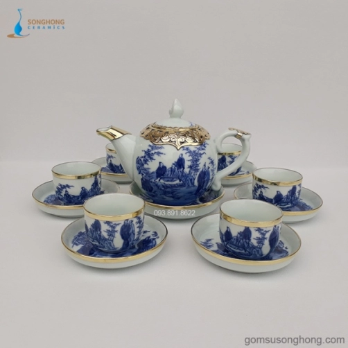 Bộ Trà (Ấm Chén) Vẽ Tay Truyền Thống - Bọc Đồng - Mẫu 5