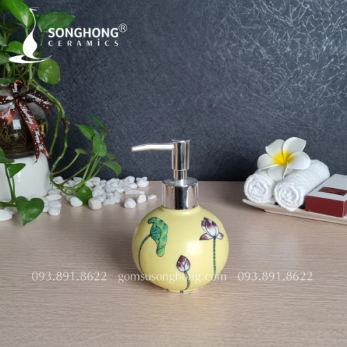 Bình Gốm Đựng Sữa Tắm Vẽ Tay Hoa Sen Cho Khu Wellness Cao Cấp 200ml - M17