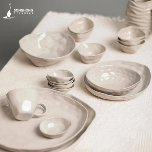 Bộ Bát Đĩa Nặn Tay - Màu Trắng Sữa