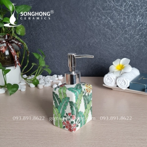 Chai Gốm Đựng Dầu Gội Vẽ Tay Họa Tiết Lá Chuối Cho Homestay 250ml - M18