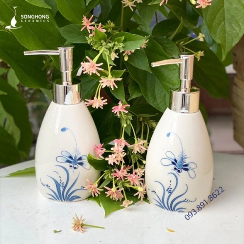 Chai Sứ Đựng Sữa Tắm Dầu Gội Vẽ Tay Cao Cấp 280ml - M8 Vẽ Tay