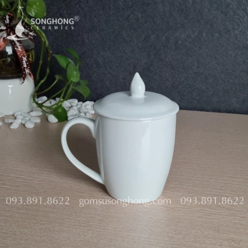 Cốc (Ca) Sứ Trắng 400ml Có Nắp - M7