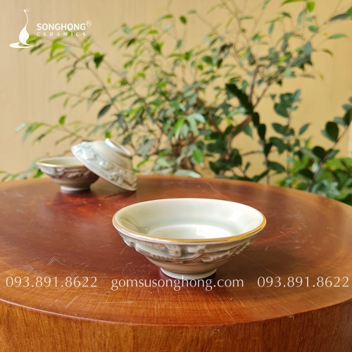 Bát Rượu Gốm Trống Đồng Đông Sơn Viền Vàng Kim