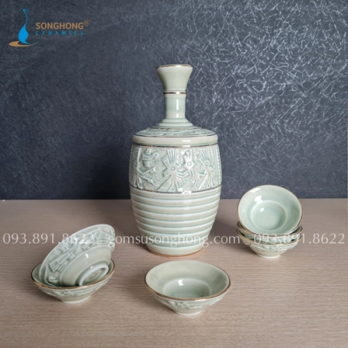 Bộ Bình Rượu Gốm Trống Đồng Đông Sơn 1.3L - M3 Vàng Kim